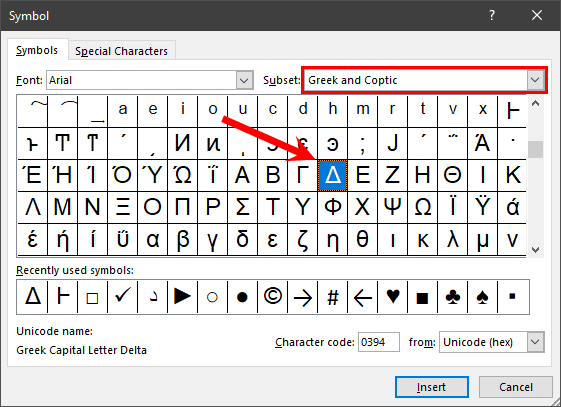 select greek symbols to insert delta excel