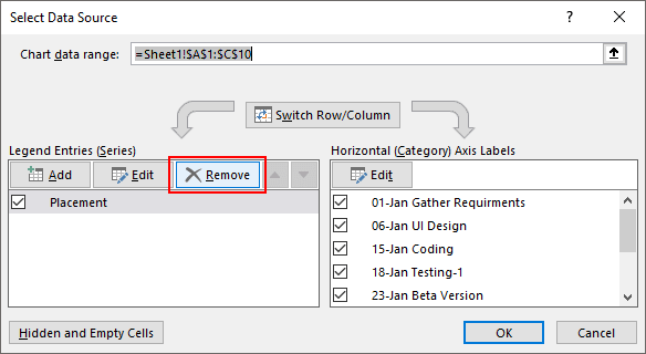 remove series to create a milestone chart in excel