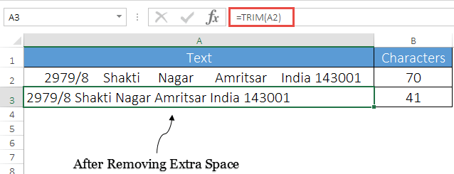 hapus spasi ekstra dari sel di Excel menggunakan fungsi trim