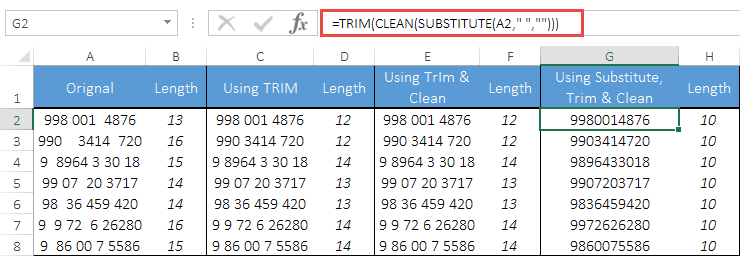 hapus spasi ekstra dari sel di Excel menggunakan pengganti bersih