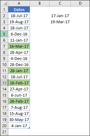 resaltar fechas entre dos fechas en una columna