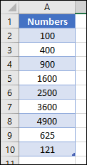 una tabla simple para calcular raíces cuadradas en Excel usando Power Query