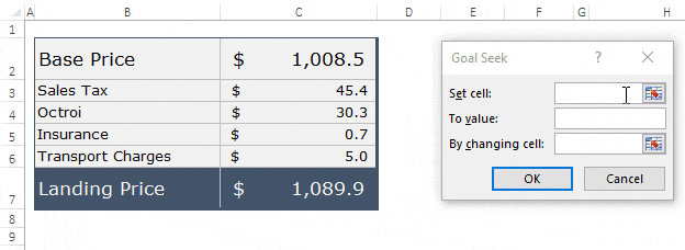 gunakan pencarian tujuan di Excel untuk menghitung harga pemuatan