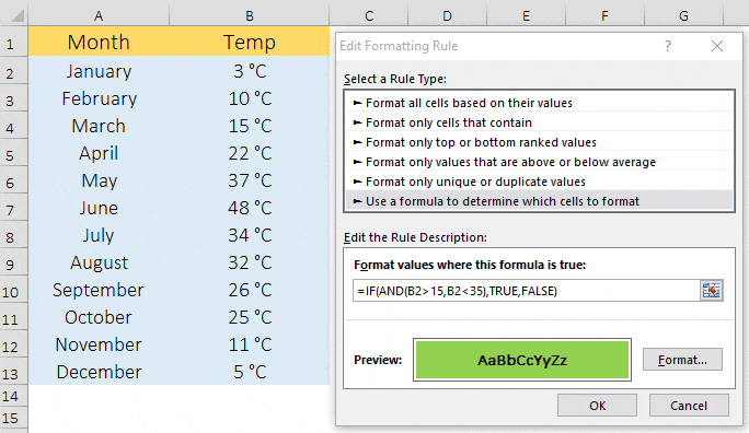use if y fórmula en formato condicional para resaltar la celda con temperaturas