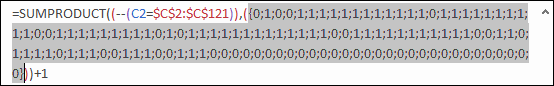 controlla la seconda parte della formula con il segno meno nella tabella dei dati per creare il rango se con prodotto somma per il rango condizionale